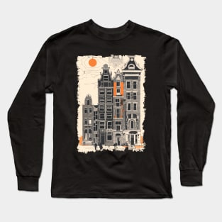 Amsterdam Holland Vintage Street Houses Travel Art Long Sleeve T-Shirt